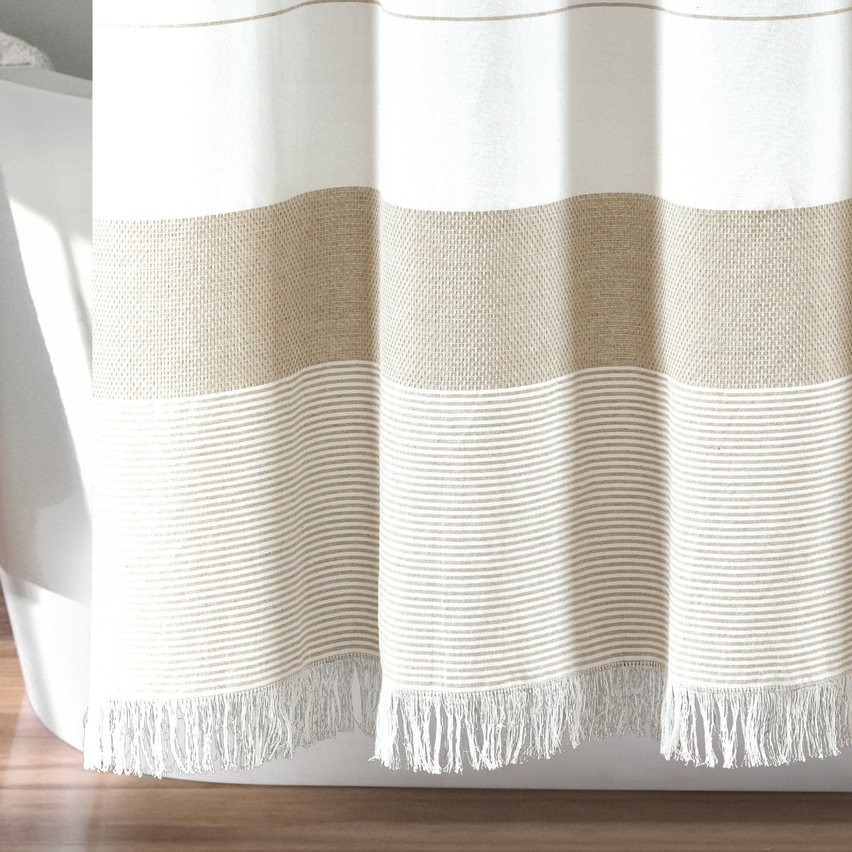 Stripe Yarn Dyed Tassel Fringe Woven Cotton Shower Curtain